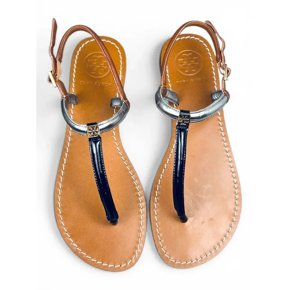 Tory Burch Emmy Colorblock T Strap Sandals Silver Black Tan 9.5